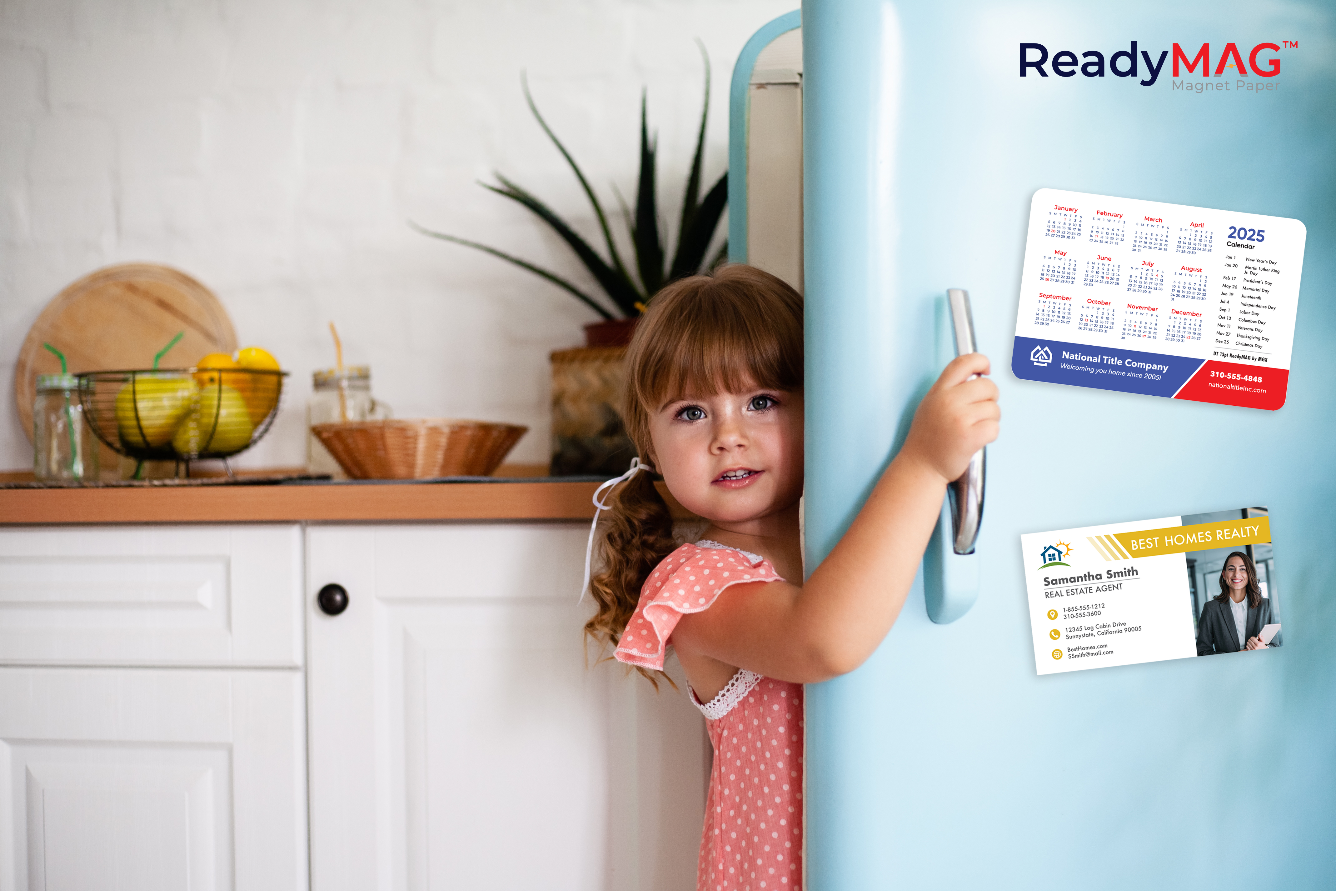 Girl opening refrigerator door with ReadyMAG magnets on the door.