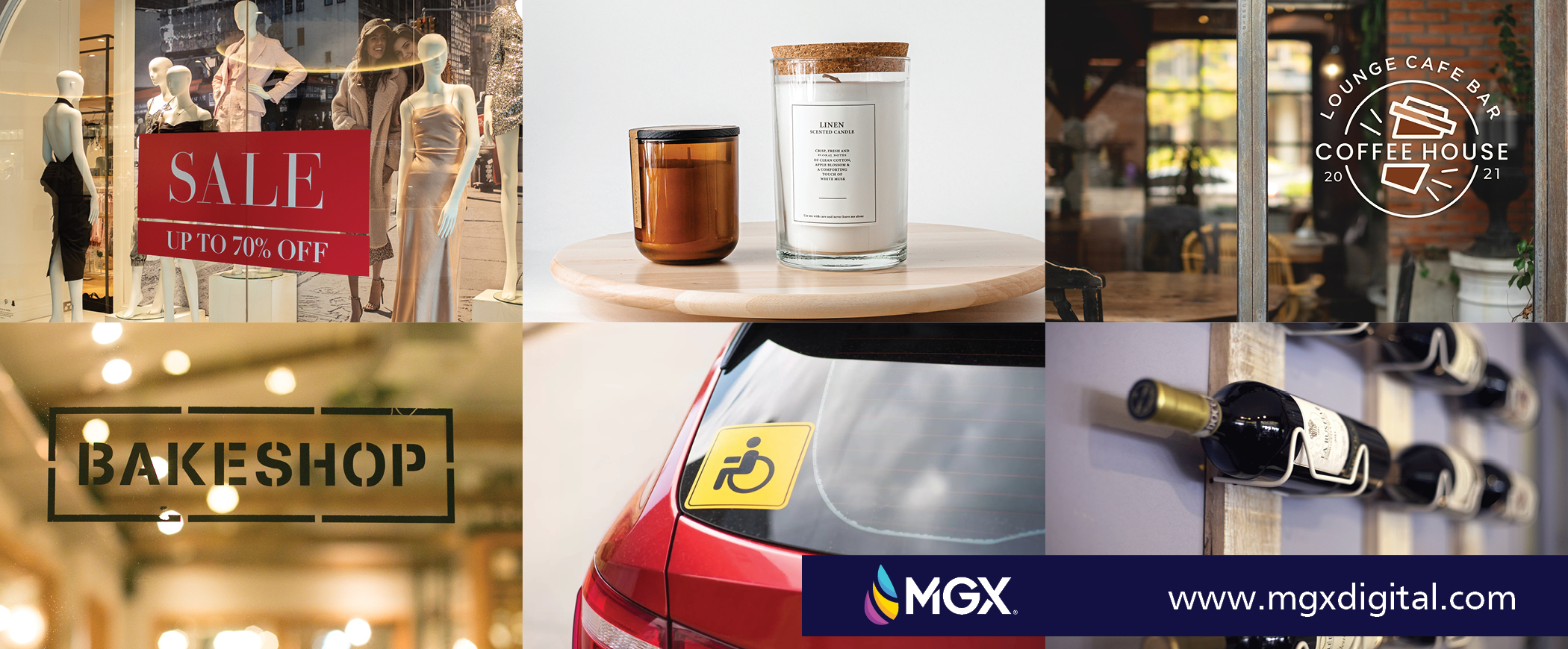 Examples of MGX pressure sensitive adhesive films used in retail signage, product labels, window graphics, car decals, and specialty packaging.